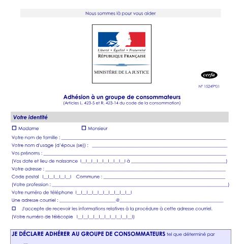 Aperçu du document Adhésion à un groupe de consommateurs — Particuliers, France (CERFA n°15249*01)