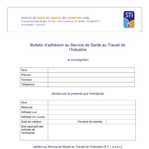 Aperçu du document Adhésion au Service de Santé au Travail de l’Industrie — Sante securite, Luxembourg (CERFA n°Bulletin_adhesion_STI)
