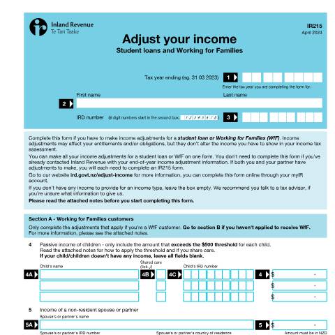 Document preview: Adjust your income — Income tax, New Zealand (CERFA n°IR215)