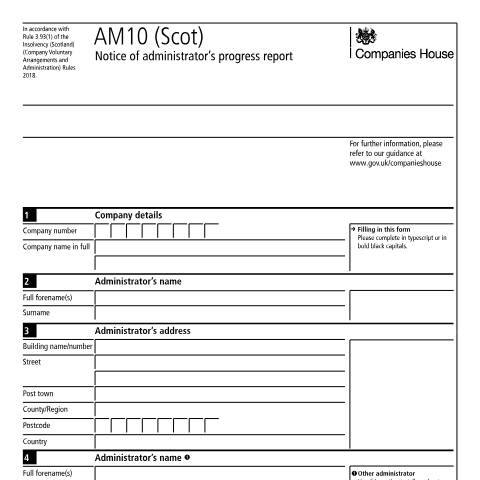 Document preview: Give notice of administrator's progress report for a Scottish company: AM10 (Scot) — Companies House, United Kingdom