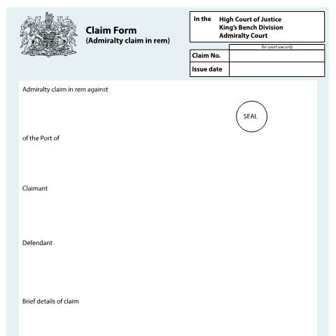 Document preview: Claim form (Admiralty claim in rem): Form ADM1 — HM Courts & Tribunals Service, United Kingdom