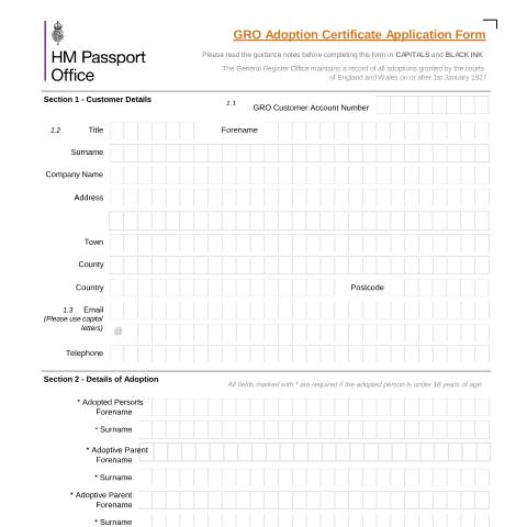 Document preview: Adoption certificate application form — HM Passport Office, United Kingdom