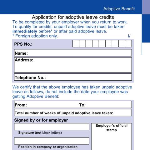 Document preview: Operational Guidelines: Adoptive Benefit — application form adoptive leave credits — Department of Social Protection, Ireland
