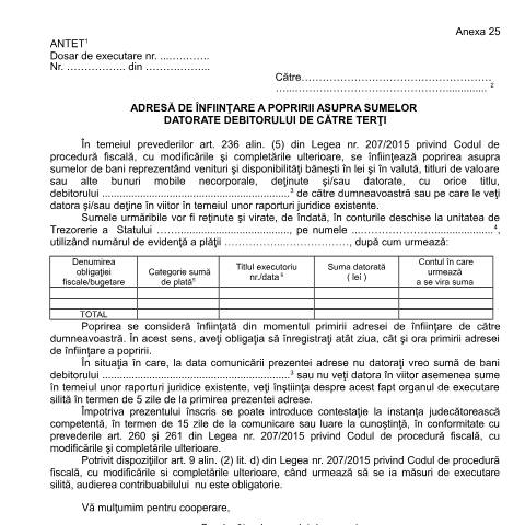 Document preview: Adresă de înființare a popririi asupra sumelor datorate debitorului de către terți (OPANAF 63/2017) — Documente emise, România (CERFA n°A25_OPANAF_63_2017)