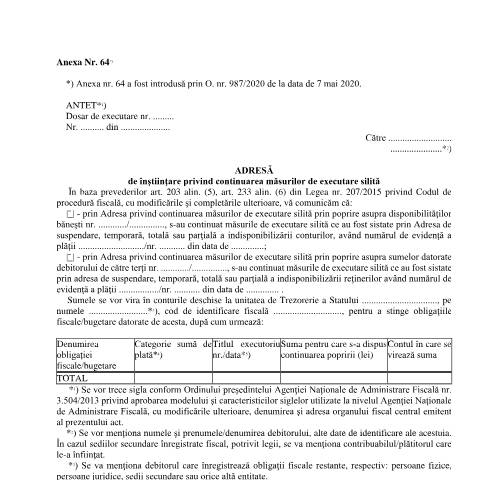 Document preview: Adresă de înștiințare privind continuarea măsurilor de executare silită (OPANAF 63/2017, OPANAF 967/2017) — Documente emise, România (CERFA n°A64_OPANAF_63_2017)