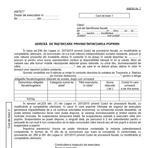 Document preview: Adresă de înștiințare privind înființarea popririi (OPANAF 967/2017) — Documente emise, România (CERFA n°A7_OPANAF_967_2017)