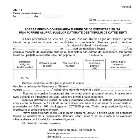 Document preview: Adresă privind continuarea măsurilor de executare silită prin poprire asupra sumelor datorate debitorului de către terți (OPANAF 63/2017) — Documente emise, România (CERFA n°A51_OPANAF_63_2017)