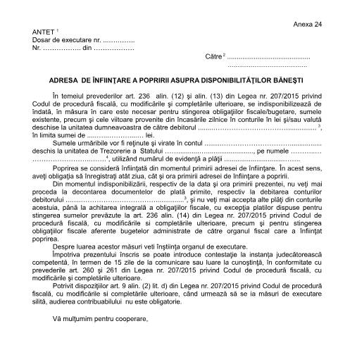 Document preview: Adresă de înființare a popririi asupra disponibilităților bănești (OPANAF 63/2017) — Documente emise, România (CERFA n°A24_OPANAF_63_2017)