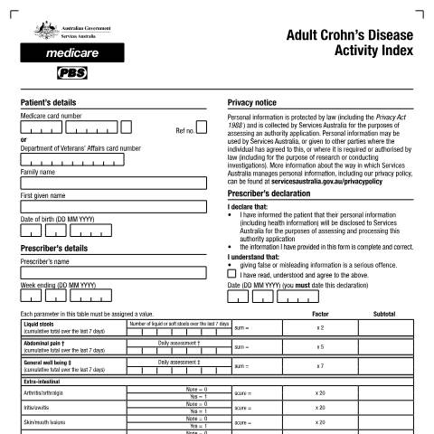Document preview: Adult Crohn’s Disease Activity Index form (PB393) — Services Australia — Health professionals, Australia (CERFA n°PB393)