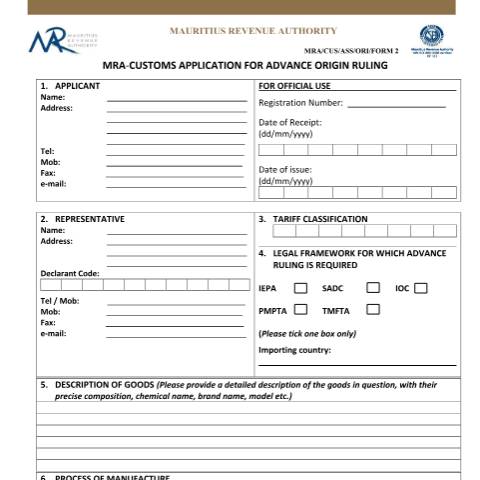 Document preview: Application for advance origin ruling — Form, Mauritius (CERFA n°AORForm)