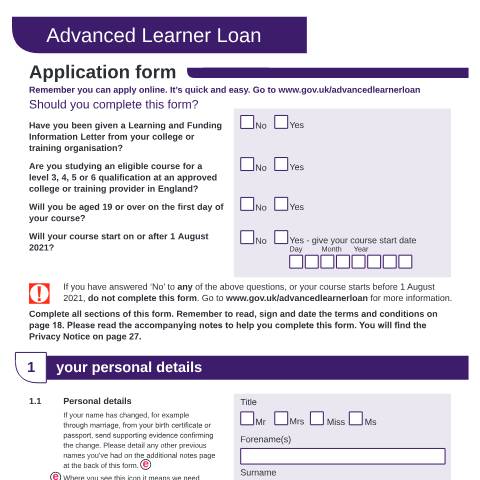 Document preview: Advanced Learner Loan application form for students whose courses start on or after 1 August 2021 — Student Loans Company, United Kingdom