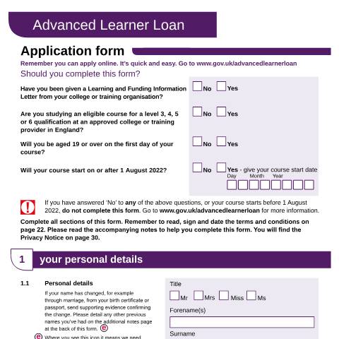 Document preview: Advanced Learner Loan application form for students whose courses start on or after 1 August 2022 — Student Loans Company, United Kingdom