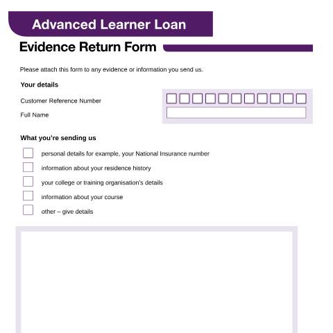 Document preview: Advanced Learner Loan Evidence Return form — Student Loans Company, United Kingdom