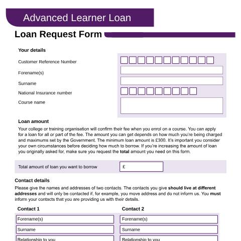Document preview: Advanced Learner Loan - Loan Request form — Student Loans Company, United Kingdom