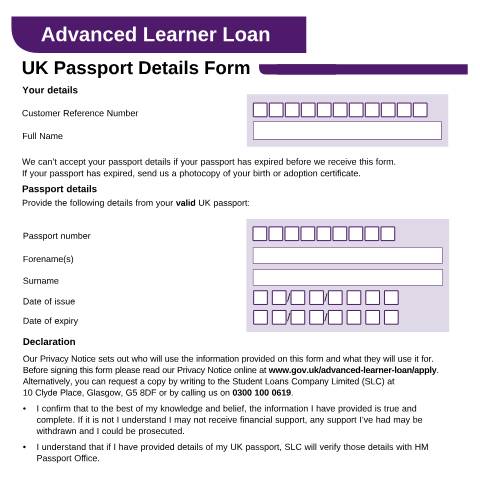 Document preview: Advanced Learner Loan UK Passport details form — Student Loans Company, United Kingdom