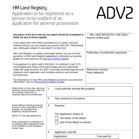 Document preview: Adverse possession: notification (ADV2) — HM Land Registry, United Kingdom