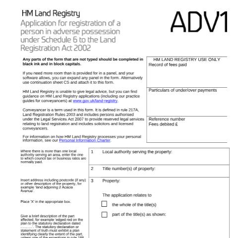 Document preview: Adverse possession: registration (ADV1) — HM Land Registry, United Kingdom