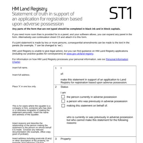 Document preview: Adverse possession: statement of truth (ST1) — HM Land Registry, United Kingdom