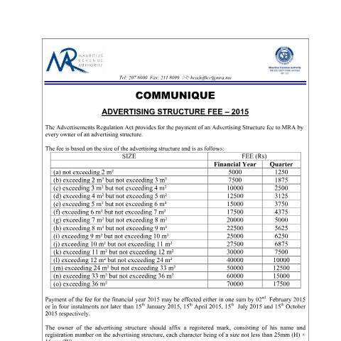 Document preview: Advertising Structure Fee - 2015 (07.01.15) — Document, Mauritius (CERFA n°AdvertisingStructureFee070115)