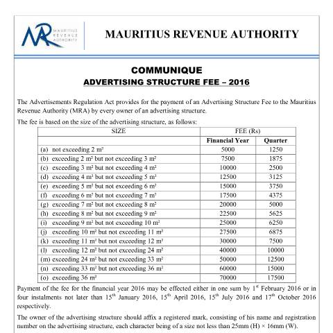 Document preview: Advertising Structure Fee - 2016 (05.01.16) — Document, Mauritius (CERFA n°AdvertisingStructureFee2016)