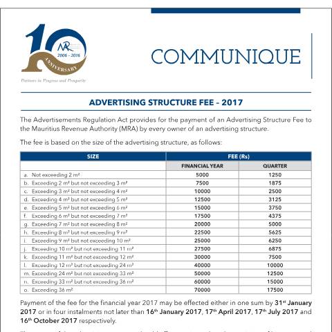 Document preview: Advertising Structure Fee - 2017 (06.01.17) — Document, Mauritius (CERFA n°AdvertisingStructureFee060117)
