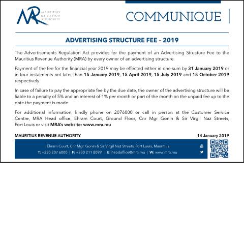 Document preview: Advertising Structure Fee - 2019 (14.01.19) — Document, Mauritius (CERFA n°AdvertisingStructureFee2019)