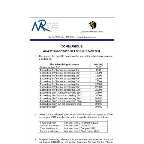 Document preview: Advertising Structure Fee (Billboard Tax) - revised fee payable &nbsp;(14.2.2012) — Notice / Circular, Mauritius (CERFA n°CommuniqueBillboardV2)