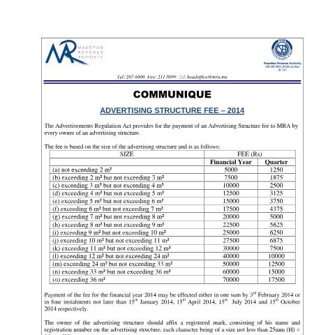 Document preview: Advertising Structure Fee (14.01.14) — Document, Mauritius (CERFA n°AdvertisingStructureFee)