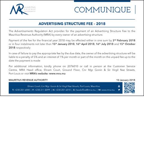 Document preview: Advertising Structure Fee – 2018 (10.01.18) — Document, Mauritius (CERFA n°AdvertisingStructureFee100118)