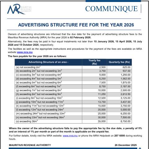 Document preview: Due date for the payment of Advertising Structure Fee for the year of 2026 (23.12.25) — Document, Mauritius (CERFA n°AdvStrucFee231225)