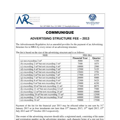 Document preview: Advertising Structure Fee (10.01.2013) — Notice / Circular, Mauritius (CERFA n°CommuniqueAdvertisingStructureFee2013)