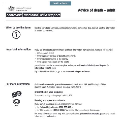 Document preview: Advice of death — Services Australia — Individuals (by code), Australia (CERFA n°SA116)