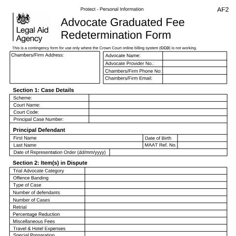 Document preview: AF2: advocate graduated fee redetermination form — Legal Aid Agency, United Kingdom