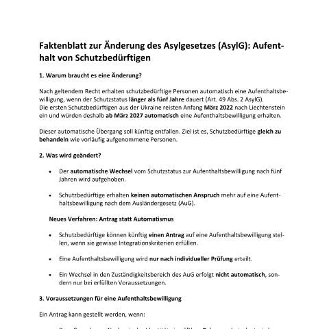 Dokumentvorschau: Faktenblatt zur Änderung des Asylgesetzes (DE) — Ausländer-/Passamt — Information Ukraine, Liechtenstein (CERFA n°faktenblatt-zur-aenderung-des-asylgesetzes)