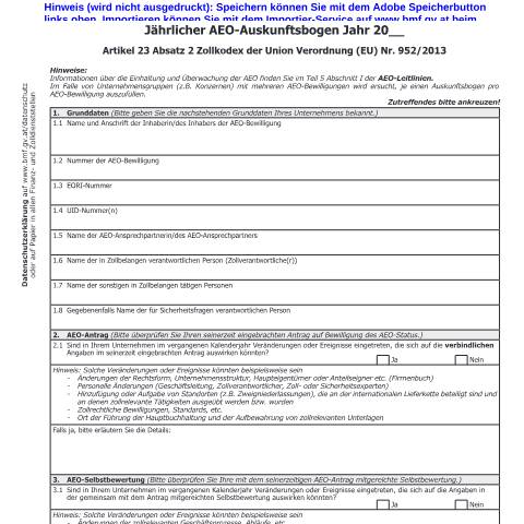 Dokumentvorschau: Za251a — Jährlicher AEO-Auskunftsbogen Artikel 23 Absatz 2 Zollkodex der Union Verordnung (EU) Nr. 952/2013 — Zoll, Österreich (CERFA n°Za251a)