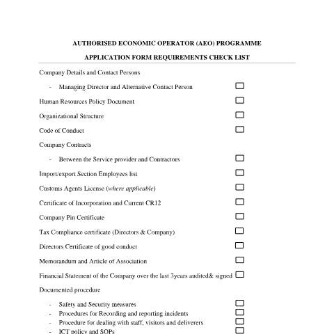 Document preview: AEO Certification Checklist — Form, Kenya (CERFA n°AEO-Application-Form-Checklist-010224)