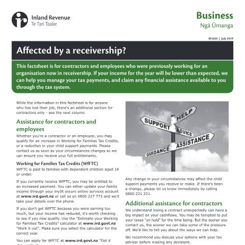 Document preview: Affected by a receivership? — Managing my tax, New Zealand (CERFA n°IR1020)