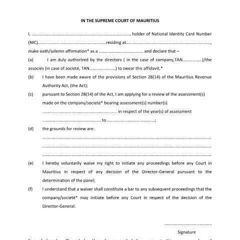 Document preview: Affidavit for Company / Societé — Document, Mauritius (CERFA n°affidavit1)