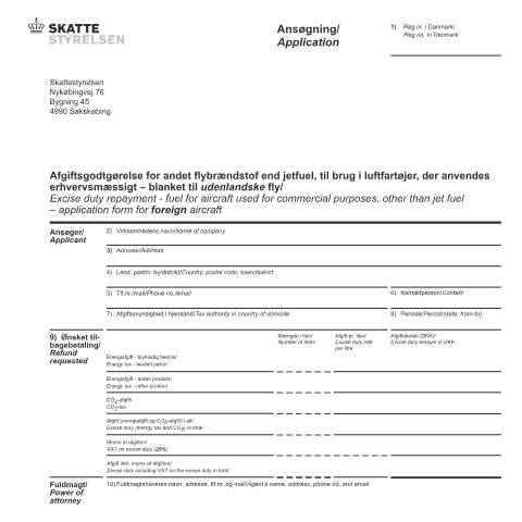 Document preview: Godtgørelse af afgift af andet flybrændstof end jet fuel - udenlandske fly. Excise duty repayment - fuel for aircraft other than jet fuel - foreign aircraft - 23.034 — 23 Excise duties; energy, Danmark (CERFA n°23.034)