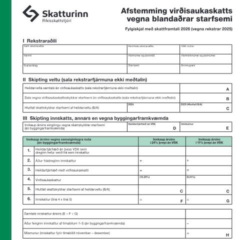 Document preview: Afstemming virðisaukaskatts vegna blandaðrar starfsemi, fylgiskjal með skattframtali 2026 — Einstaklingar, Ísland (CERFA n°RSK 10.27)