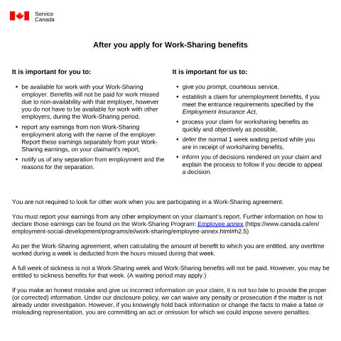 Document preview: After You Apply For Worksharing Benefits — Employment Insurance, Canada (CERFA n°INS5205)