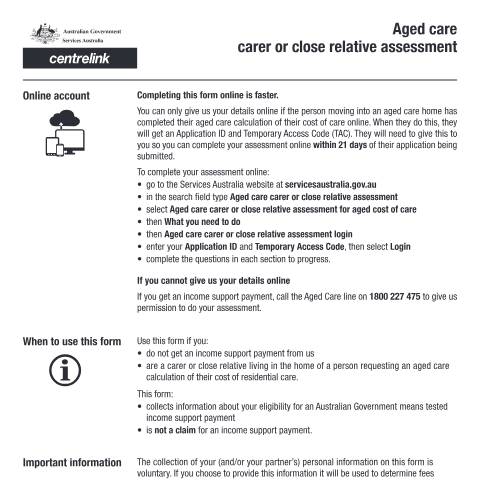 Document preview: Aged care carer or close relative assessment — Services Australia — Individuals (by code), Australia (CERFA n°SA483)
