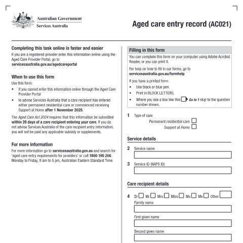 Document preview: Aged care entry record form (AC021) — Services Australia — Health professionals, Australia (CERFA n°AC021)
