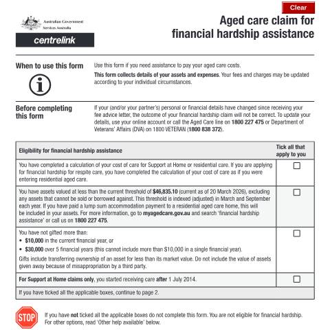 Document preview: Aged care claim for financial hardship assistance — Services Australia — Individuals (by code), Australia (CERFA n°SA462)