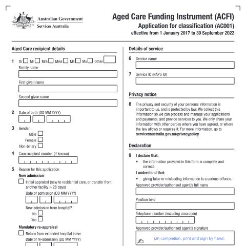 Document preview: Aged Care Funding Instrument - Application for classification form (AC001) — Services Australia — Health professionals, Australia (CERFA n°AC001)