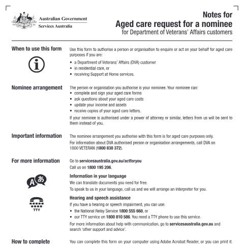 Document preview: Aged care request for a nominee for Department of Veterans’ Affairs customers — Services Australia — Individuals (by code), Australia (CERFA n°AC019)