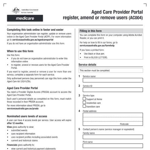 Document preview: Aged Care Provider Portal - register, amend or remove users form (AC004) — Services Australia — Health professionals, Australia (CERFA n°AC004)