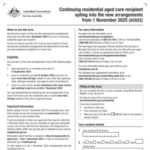 Document preview: Continuing residential aged care recipient opting into the new arrangements from 1 November 2025 — Services Australia — Individuals (by code), Australia (CERFA n°AC022)