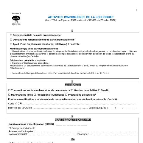 Aperçu du document Agent immobilier : demander ou renouveler sa carte professionnelle, faire une déclaration préalable d'activité — Professionnels, France (CERFA n°15312*03)
