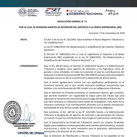 Vista previa del documento RG N° 71 2020 AGENTES DE RETENCION IRE — Agentes De Retención / IRE, Paraguay